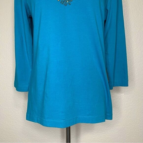 Chico’s Beaded Embellished Blue V-neck 3/4 Sleeves Top - Picture 4 of 13
